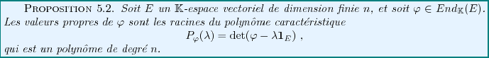 \begin{proposition}
Soit $E$\ un $\mathbb{K}$-espace vectoriel de dimension fini...
...}_E)\ ,
\end{displaymath}qui est un polyn\^ome de degr\'e $n$.
\end{proposition}