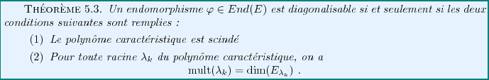\begin{theorem}
Un endomorphisme $\varphi\in End(E)$\ est diagonalisable si et
s...
...lambda_k) = \dim(E_{\lambda_k})\ .
\end{displaymath}\end{enumerate}\end{theorem}