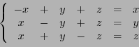 \begin{displaymath}
\left\{
\begin{array}{ccccccc}
-x &+&y&+&z&=& x\\
x&-&y&+&z &=& y\\
x&+&y&-&z &=& z
\end{array}\right.
\end{displaymath}