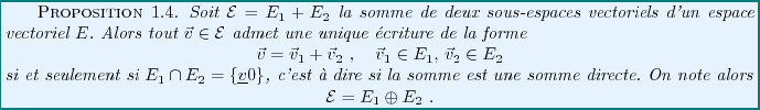 \begin{proposition}
Soit ${\mathcal E}= E_1+E_2$\ la somme de deux sous-espaces...
...isplaymath}
{\mathcal E}=E_1\oplus E_2\ .
\end{displaymath}
\end{proposition}