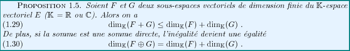 \begin{proposition}
Soient $F$\ et $G$\ deux sous-espaces vectoriels de dimensi...
... = \dim_\mathbb{K}(F) + \dim_\mathbb{K}(G)\ .
\end{equation}
\end{proposition}