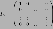 \begin{displaymath}I_N = \left(
\begin{array}{cccc}
1&0&\dots &0\\
0&1&\dots &0\\
\vdots&\vdots&\ddots&\vdots\\
0&0&\dots &1
\end{array}\right)\end{displaymath}