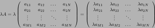 \begin{displaymath}\lambda A =
\lambda \left(
\begin{array}{cccc}
a_{11}&a_{12}&...
... a_{M1}&\lambda a_{M2}&\dots &\lambda a_{MN}
\end{array}\right)\end{displaymath}