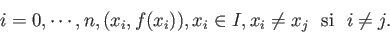 \begin{displaymath}i=0,\cdots,n, (x_i,f(x_i)), x_i \in I, x_i \neq x_j \:\:\: \mathrm{si} \:\:\: i\neq j. \end{displaymath}