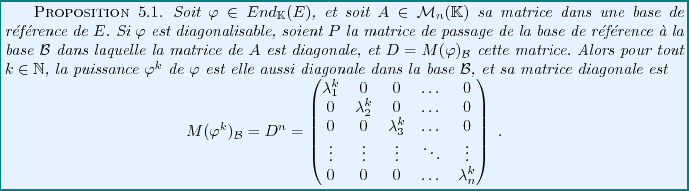 \begin{proposition}
Soit $\varphi\in End_\mathbb{K}(E)$, et soit $A\in{\mathcal ...
...s\\
0&0&0&\dots&\lambda_n^k
\end{pmatrix}\ .
\end{displaymath}\end{proposition}