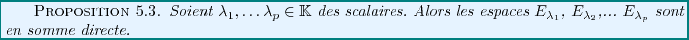 \begin{proposition}
Soient $\lambda_1,\dots\lambda_p\in\mathbb{K}$\ des scalaire...
...}$, $E_{\lambda_2}$,... $E_{\lambda_p}$
sont en somme directe.
\end{proposition}