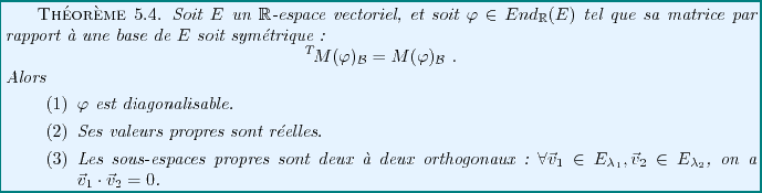 \begin{theorem}
Soit $E$\ un ${\mathbb{R}}$-espace vectoriel, et soit $\varphi\i...
...lambda_2}$, on a
${\vec{v}}_1\cdot{\vec{v}}_2 = 0$.
\end{enumerate}\end{theorem}