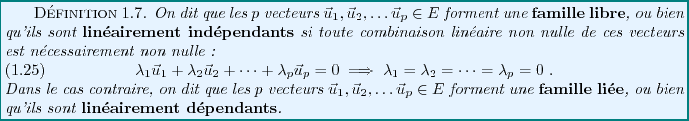 \begin{definition}
On dit que les $p$\ vecteurs ${\vec{u}}_1,{\vec{u}}_2,\dot...
...f lin\'eairement d\'ependants}\index{D\'ependance lin\'eaire}.
\end{definition}