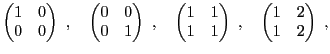 $\displaystyle \begin{pmatrix}1&0\\ 0&0\end{pmatrix}\ ,\quad
\begin{pmatrix}0&0\...
...matrix}1&1\\ 1&1\end{pmatrix}\ ,\quad
\begin{pmatrix}1&2\\ 1&2\end{pmatrix}\ ,
$