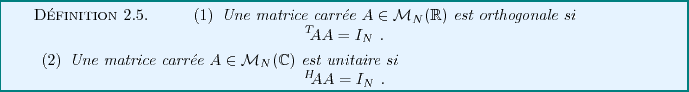 \begin{definition}
\begin{enumerate}
\item
Une matrice carr\'ee $A\in{\mathcal M...
...splaymath}
{}^H\!\!A A = I_N\ .
\end{displaymath}\end{enumerate}\end{definition}