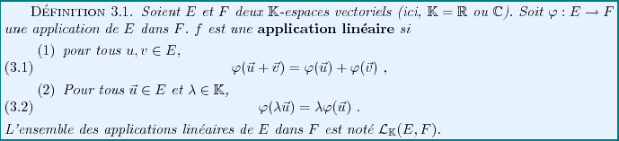 \begin{definition}
Soient $E$\ et $F$\ deux $\mathbb{K}$-espaces vectoriels (ici...
...es de $E$\ dans $F$\ est not\'e
${\mathcal L}_\mathbb{K}(E,F)$.
\end{definition}