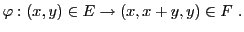 $\displaystyle \varphi: (x,y)\in E \to (x,x+y,y)\in F\ .
$