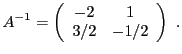 $\displaystyle A{^{-1}}= \left(\begin{array}{cc}
-2&1\\ 3/2&-1/2\end{array}\right)
\ .
$