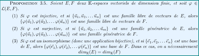 \begin{proposition}
Soient $E,F$\ deux $\mathbb{K}$-espaces vectoriels de dimens...
...thbb{K}(E) = dim_\mathbb{K}(F)
\end{displaymath}\end{enumerate}\end{proposition}