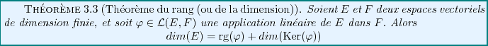 \begin{theorem}[Th\'eor\\lq eme du rang (ou de la dimension)]
Soient $E$\ et $F$\ d...
...(E) = {\rm rg}(\varphi) + dim({\rm Ker}(\varphi))
\end{displaymath}\end{theorem}