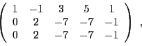 \begin{displaymath}
\left(
\begin{array}{ccccc}
1 & -1 & 3 & 5 & 1 \\
0 & 2 & -7 & -7 & -1\\
0 & 2 & -7 & -7 & -1
\end{array}\right)\ ,
\end{displaymath}