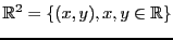 $\displaystyle {\mathbb{R}}^2 = \left\{(x,y), x,y\in{\mathbb{R}}\right\}
$