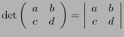 $\displaystyle {\rm det}\left(\begin{array}{cc}
a&b \\ c&d\end{array}\right) = \left\vert\begin{array}{cc}
a&b \\ c&d\end{array}\right\vert$