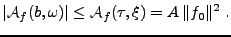 $\displaystyle \vert{\mathcal A}_f(b,\omega)\vert\le {\mathcal A}_f(\tau,\xi) = A\, \Vert f_0\Vert^2\ .
$