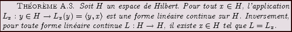 \begin{theorem}
Soit $H$\ un espace de Hilbert. Pour tout $x\in H$, l'applicatio...
...\'eaire continue
$L: H\to H$, il existe $x\in H$\ tel que $L=L_x$.
\end{theorem}