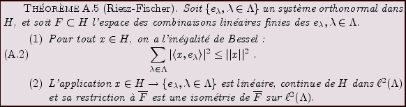 \begin{theorem}[Riesz-Fischer]
Soit $\{e_\lambda,\lambda\in\Lambda\}$\ un syst\\lq ...
...om\'etrie de $\overline{F}$\ sur $\ell^2(\Lambda)$.
\end{enumerate}\end{theorem}