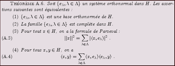 \begin{theorem}
Soit $\{e_\lambda,\lambda\in\Lambda\}$\ un syst\\lq eme orthonormal...
...\rangle
\langle e_\lambda,y\rangle\ .
\end{equation}\end{enumerate}\end{theorem}