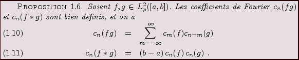 \begin{proposition}
Soient $f,g\in L^2_p([a,b])$. Les coefficients de Fourier $c...
...n-m}(g)\\
c_n(f*g) &=& (b-a)\,c_n(f)\,c_n(g)\ .
\end{eqnarray}\end{proposition}