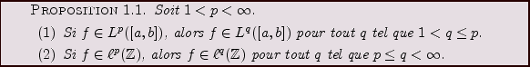 \begin{proposition}
Soit $1<p<\infty$.
\begin{enumerate}
\item Si $f\in L^p([a,b...
...bb{Z})$\ pour tout $q$
tel que $p\le q<\infty$.
\end{enumerate}\end{proposition}