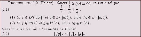 \begin{proposition}[H\uml older]
\index{In \'egalit\'e de H\lder}
Soient $1\le ...
...g\Vert _r\le \Vert f\Vert _p\,\Vert g\Vert _q\ .
\end{equation}\end{proposition}