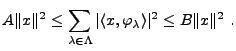 $\displaystyle A \Vert x\Vert^2 \le \sum_{\lambda\in\Lambda} \vert\langle x,\varphi_\lambda\rangle\vert^2
\le B \Vert x\Vert^2 \ .
$