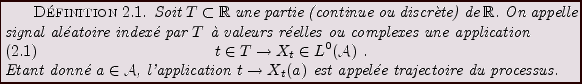 \begin{definition}
Soit $T\subset{\mathbb{R}}$\ une partie (continue ou discr\\lq e...
...lication
$t\to X_t(a)$\ est appel\'ee trajectoire du processus.
\end{definition}