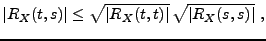 $\displaystyle \vert R_X(t,s)\vert \le \sqrt{\vert R_X(t,t)\vert}\,\sqrt{\vert R_X(s,s)\vert}\ ,
$