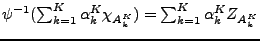 $ \psi{^{-1}}(\sum_{k=1}^K \alpha_k^K \chi_{A_k^K})
=\sum_{k=1}^K \alpha_k^K Z_{A_k^K}$
