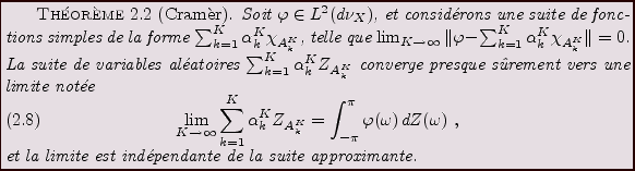 \begin{theorem}[Cram\\lq er]
Soit $\varphi\in L^2(d\nu_X)$, et consid\'erons une su...
...equation}et la limite est ind\'ependante de la suite approximante.
\end{theorem}
