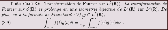 \begin{theorem}[Transformation de Fourier sur $L^2({\mathbb{R}})$]
La transforma...
...y \hat f(\omega) \overline{\hat g(\omega)}d\omega\ .
\end{equation}\end{theorem}
