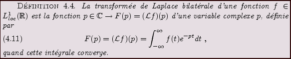 \begin{definition}
La transform\'ee de Laplace bilat\'erale d'une fonction
$f\in...
...) e^{-pt} dt\ ,
\end{equation}quand cette int\'egrale converge.
\end{definition}