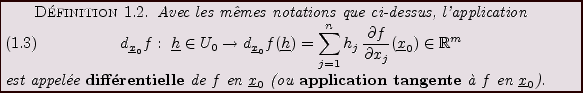 \begin{definition}
Avec les m\^emes notations que ci-dessus, l'application
\begi...
...}\index{Application tangente}
\\lq a $f$\ en ${\underline{x}}_0$).
\end{definition}