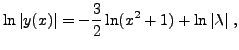 $\displaystyle \ln \vert y(x)\vert = -\frac{3}2 \ln (x^2+1) + \ln\vert\lambda\vert\ ,
$