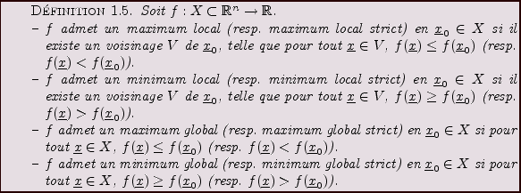 \begin{definition}
Soit $f: X\subset{\mathbb{R}}^n\to{\mathbb{R}}$.
\begin{itemi...
...resp. $f({\underline{x}})> f({\underline{x}}_0)$).
\end{itemize}\end{definition}