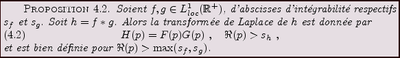 \begin{proposition}
Soient $f,g\in L^1_{loc}({\mathbb{R}}^+)$, d'abscisses d'int...
...d{equation}et est bien d\'efinie pour $\Re(p)>\max (s_f,s_g)$.
\end{proposition}